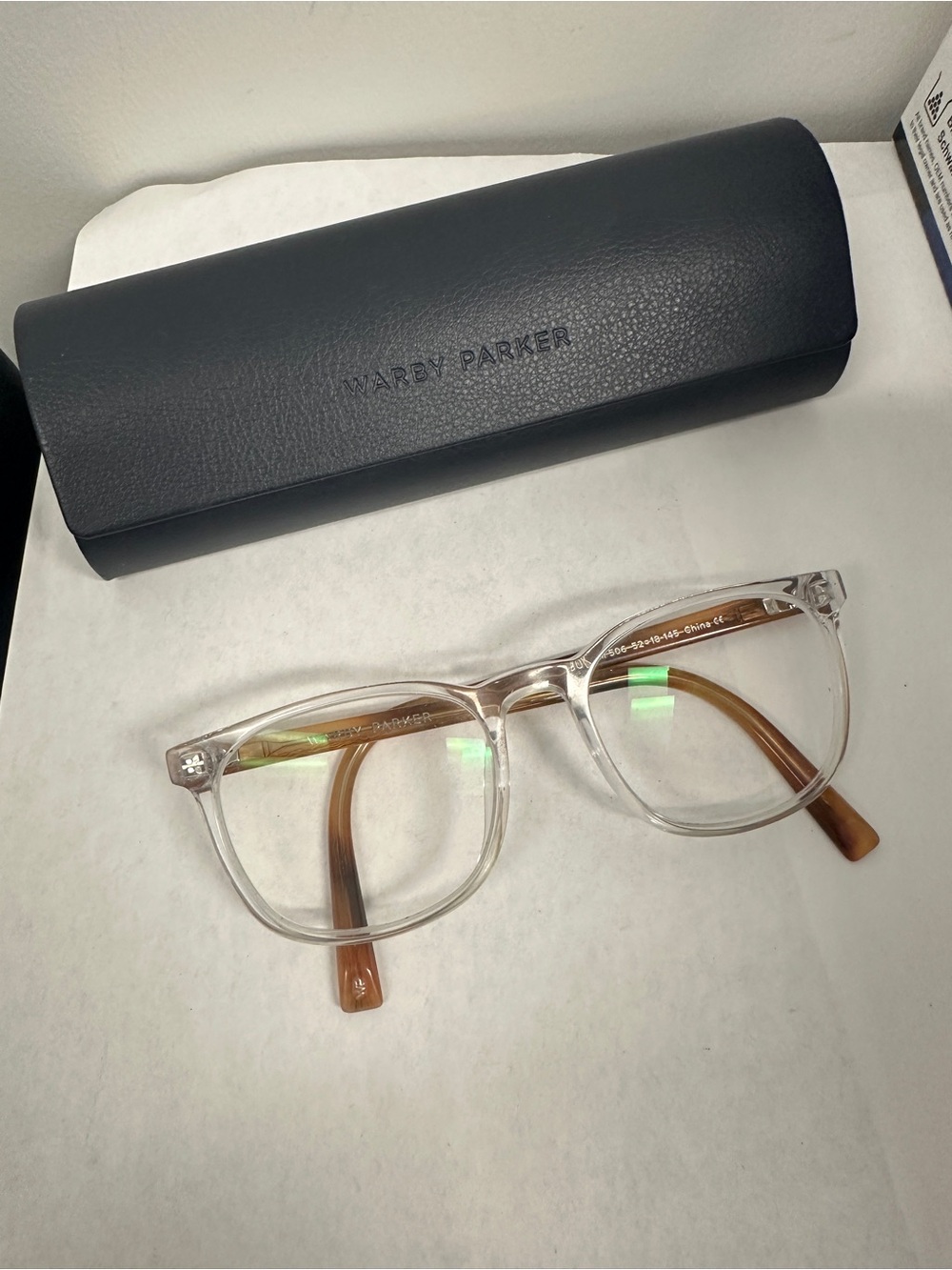 Warby Parker Bodie M eyeglasses in Crystal with English Oak 506 52-18-145